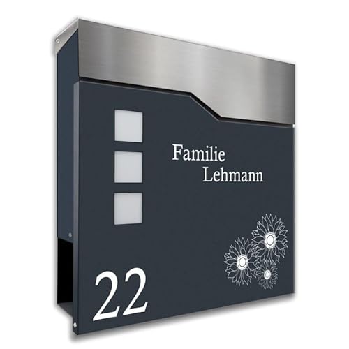 Zalafino Briefkasten anthrazit RAL 7016 mit Beschriftung - individualisierbarer Design-Briefkasten aus pulverbeschichtetem Stahl mit Zeitungsrolle und 3 Sichtfeldern von Zalafino