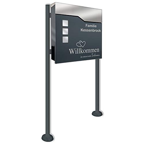 Zalafino Briefkasten incl. Standfuß freistehend in anthrazit - individualisierbarer Design-Briefkasten aus pulverbeschichtetem Stahl mit Zeitungsrolle, Sichtfeldern und Standfuß von Zalafino