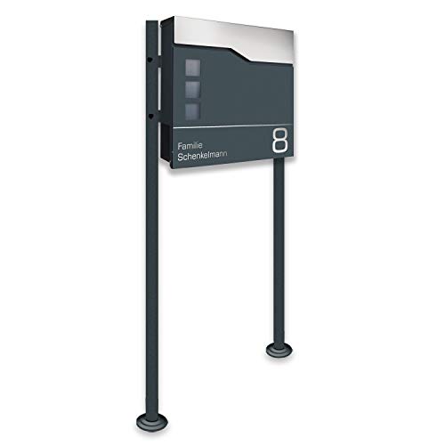 Zalafino Briefkasten incl. Standfuß freistehend in anthrazit - individualisierbarer Design-Briefkasten aus pulverbeschichtetem Stahl mit Zeitungsrolle, Sichtfeldern und Standfuß von Zalafino