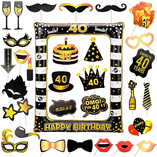 Zaleonline 40 Jahre alt Foto Requisiten 34 Stück Fotobox-Zubehörset Schwarzgoldener Aufblasbarer Rahmen Fotobox Accessoires Geburtstag Geeignet Partydekoration von Zaleonline