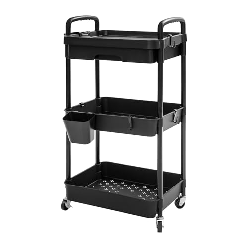 Zalydala Servierwagen | Servierwagen Mit Rollen | Aufbewahrungswagen mit 3 Ebenen & Schublade | 360° Lenkrollen (2 mit Bremse) | Tragfähigkeit 5 kg pro Ebene | Ideal für Küche, Bad & Büro (Schwarz) von Zalydala
