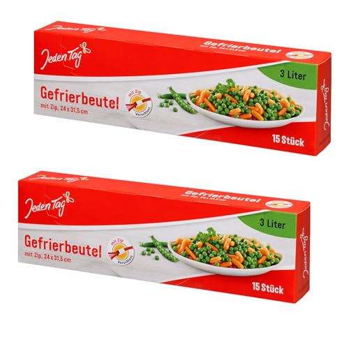 Jeden Tag Gefrierbeutel mit Clips 15 x 3L | 24 x 31,5cm | besonders stark und reißfest, Temperaturbeständig von -40 bis +90 Grad, Beschriftungsfeld und Verschlussclips (15 x 3L, 2er Pack) von Zama4Zingo