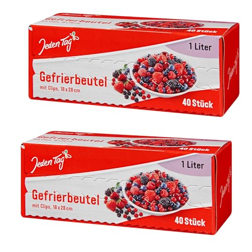 Jeden Tag Gefrierbeutel mit Clips 40 x 1L | 18 x 28cm | besonders stark und reißfest, Temperaturbeständig von -40 bis +115 Grad, Beschriftungsfeld und Verschlussclips (40 x 1L, 2er Pack) von Zama4Zingo