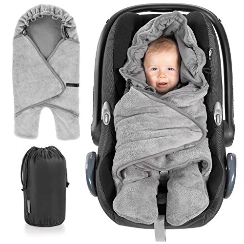 Zamboo Baby Einschlagdecke mit Füßen - Sommer - leichte Decke für Babyschalen/Autositze (passend für Maxi-Cosi, Cybex, Römer) und Kinderwagen, mit Kapuze und Tasche - Grau von Zamboo