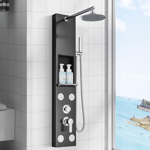 Duschpaneel Edelstahl mit Armatur 3 Wasserausgabemodi Duschpaneel mit Armatu und Ablage Duschsystem Massagedusche paneel Badezimmer Schwarz von Zamery