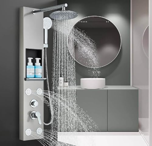 Duschsäule aus Edelstahl mit Massagedüsen Säule Wanddusche multifunktional Duschpaneel mit Ablage für Badezimmer von Zamery