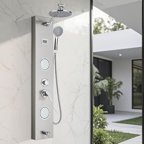 Zamery Duschpaneelsystem 4 Duschmodi Regenfall, Wasserfall 2 Körpermassagedüsen Wannenauslauf Handbrause Schlauch Duschsystem 304 Edelstahl Gebürst von Zamery