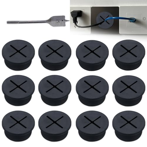 Zamety 12 Stück Kabeldurchführung Schreibtisch, Flexible Silikon kabeldurchlass, 25mm Schreibtisch Kabeldurchführung, Kabeltülle mit 1 Bohrer für Büro, Zuhause, Computertisch, Schwarz von Zamety