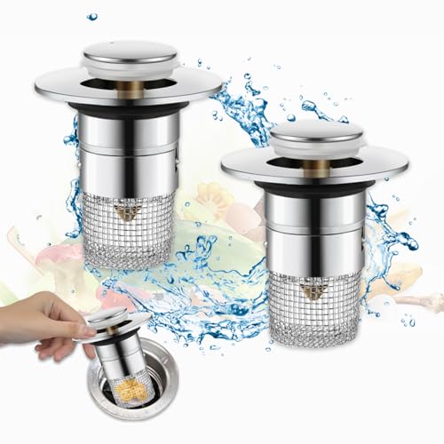 Zamety 2 Stück 2-in-1 Waschbeckenstöpsel Pop-up, Haarsieb Dusche Verstopfungshemmend, Abflusssieb Dusche Stahl, Waschbecken Sieb mit Kupferkern, Mit je 2 Dichtungen für 34~40 mm Abflusslöcher von Zamety