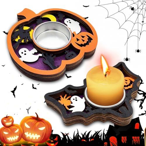 Zamety 2 Stück Halloween Kerzenständer, Fledermäuse Halloween Kerzenhalter, Holz Kürbis Teelichthalter für Halloweendeko Thanksgiving Party Dekoration Tischdeko von Zamety