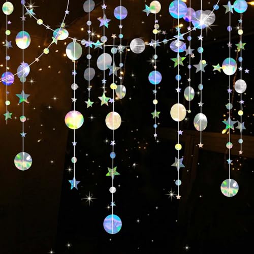 Zamety 65 Ft Bunt Glitzer Papier Circle Stern Girlande, 5 Stück Hängenden Papiergirlande Holografische Regenbogen, Irisierende Rund und Stern Papier Girlanden für Geburtstag Gartenparty Hochzeit von Zamety