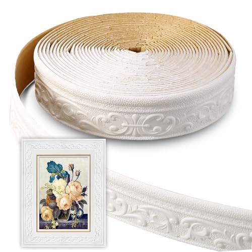 Zamety Bordüre Selbstklebend Weiß, 3D Zierleiste Selbstklebend, Wasserdicht Tapetenbordüre, 10m x 8cm x 5mm Anti-Kollisions Selbstklebende Bordüre, Gelten für Linien, Decken, Ecken von Zamety
