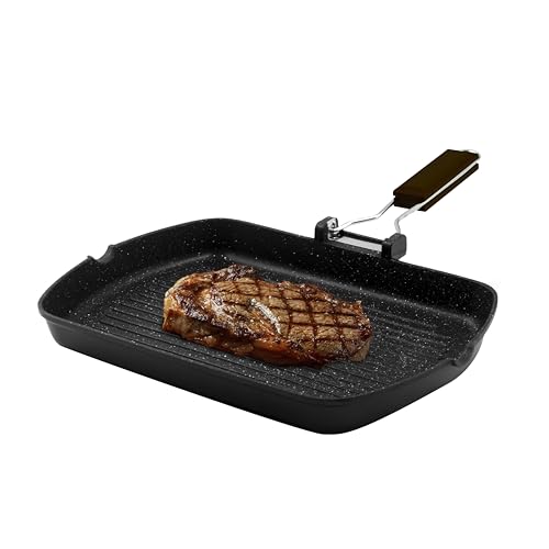 Zanetti, Grillpfanne 26 x 36 cm, Grillplatte aus Aluminium-Druckguss mit hoher Dicke, Grillplatte für Induktionsherde, klappbarer Griff von Zanetti