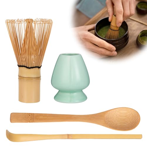 Zanfqvo 4-Teiliges Matcha Besen Set - Matcha Tee Set mit Matcha Whisk, Matcha Besen Halter aus Keramik, 2 Matcha Löffel - Japanisches Zubehör für Ceremonial Match (Cyanfarben) von Zanfqvo