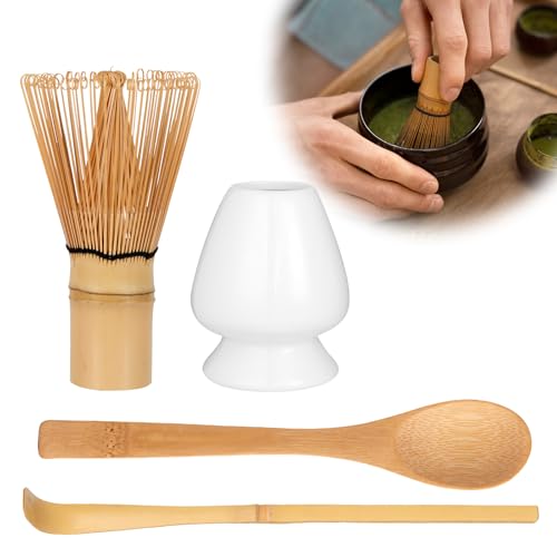 Zanfqvo 4-Teiliges Matcha Besen Set - Matcha Tee Set mit Matcha Whisk, Matcha Besen Halter aus Keramik, 2 Matcha Löffel - Japanisches Zubehör für Ceremonial Match (Weiß) von Zanfqvo