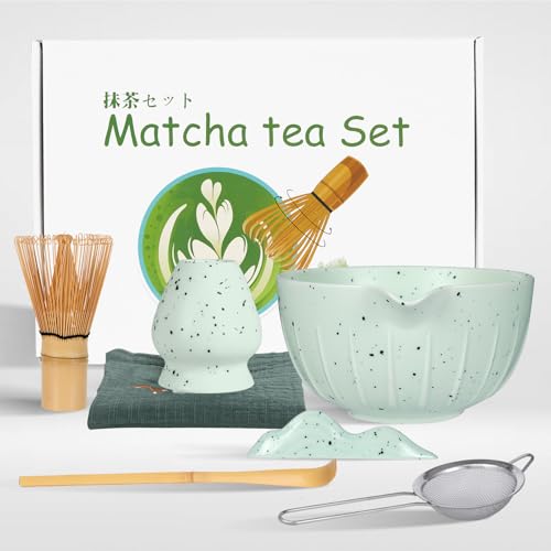 Zanfqvo 7-Teiliges Matcha Besen Set - Matcha Schale aus Keramik, Matcha Whisk, Matcha Löffel, Matcha Besen Halter, Sieb - Japanisches Zubehör für Ceremonial Match (Grün) von Zanfqvo