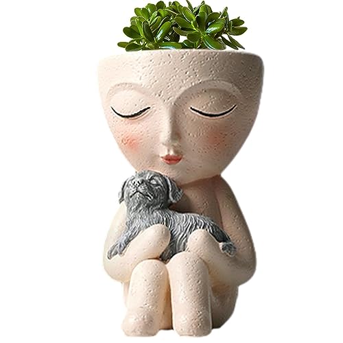 Blumentopf-Kopfgesicht – Niedlicher Sukkulenten-Übertopf mit Hund/Katze | Sukkulenten-Kunst-Gesichtstöpfe, weibliche Gartentöpfe, kleine Statuen-Pflanztöpfe für Pflanzen im Innen- und Außenbereich von Zankie