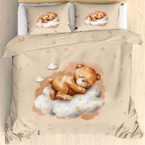 ZaopVrynx Bettwäsche 90x200 Süßer Teddybär Bettbezug für Kinder Jungen Mädchen Warm Weich Bettbezug Wolkenstern Bettwäsche-Set 2 Teilig Bettbezug mit Reißverschluss 1 Kissenbezügen von ZaopVrynx