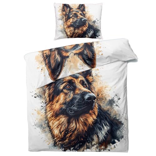 ZaopVrynx KinderBettwäsche 135x200 Deutscher Schäferhund Bettwäsche 135 x 200 Kinder Teenager Mädchen Jungen, Süßer Hund Bettwäsche-Set 2 Teilig Bettbezug mit Reißverschluss 1 Kissenbezügen von ZaopVrynx
