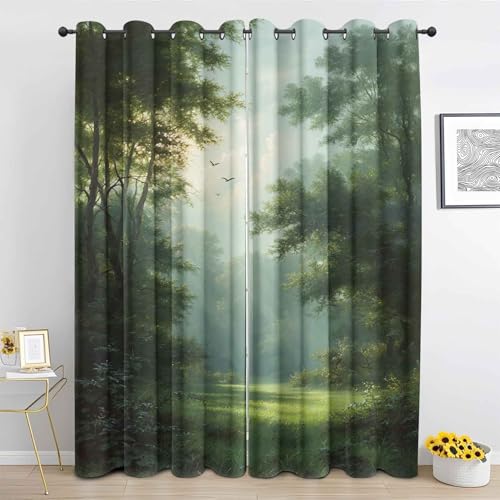 ZaopVrynx Vorhänge Wald, Grüner Sonnenscheinbaum Vorhang Blickdichte mit Ösen Gardinen, Verdunkelungsvorhang Thermovorhang Gardinen, H 175 x B 140 cm (2er Set) für Schlafzimmer Wohnzimmer von ZaopVrynx