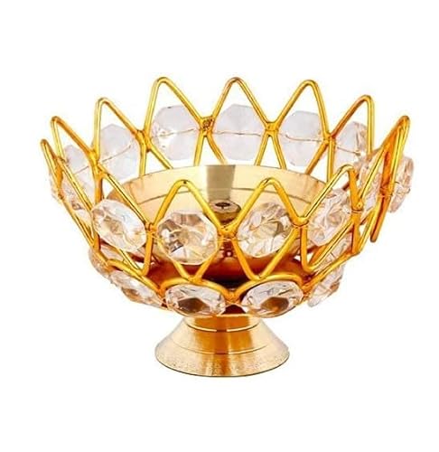 Handgefertigte Messing-Akhand-Diya-Öllampe mit funkelnden Kristall-Akzenten für Zuhause, Büro, Puja-Dekoration, Diwali-Dekoration (Runde kleine Blume) von Zap Impex