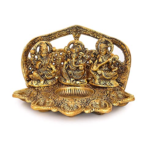 Laxmi Ganesh Saraswati goldfarbene Statue – Öllampe für Zuhause, Büro und Veranstaltungen von Zap Impex