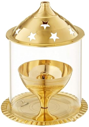 Messing-Akhand-Diya-Öllampe mit Glasabdeckung – Traditionelle Puja-Deepak für Zuhause und Tempel – Langlebige Flamme mit elegantem Sternendesign von Zap Impex