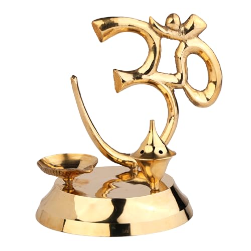 Om Diya aus Messing mit Räucherstäbchenhalter | Traditionelle hinduistische Puja-Lampe und Räucherstäbchenständer | Dekorativer spiritueller Gegenstand für Zuhause und Tempel von Zap Impex