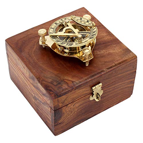 Zap Impex ® Messing-Sonnenuhr, Kompass Nostalgieuhr aus Messing in Holzbox Geschenkbox aus Holz, Kompass 3 Zoll mit Rosenholz -Box (5 Zoll) von Zap Impex