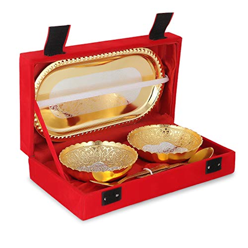 Zap Impex Graviertes goldfarbenes Messingschalen-Tablett und Löffelset, Geschenkset. von Zap Impex