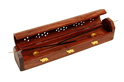 Zap Impex Holz Hand Geschnitzte Holzsarg Räucherstäbchen Kegelbrenner Halter mit Speicherabteil, 12 x 2 x 2,5 Zoll von Zap Impex