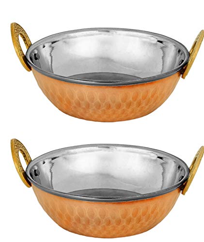 Zap Impex Servierschale Indisches Geschirr Edelstahl Kupfer Servierplatte Karahi, Serviergeschirr für Haushalt, Gastronomie und Küche 2er Set (17cm) 550ml von Zap Impex