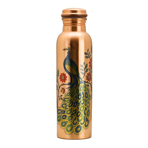 Zap Impex Travellers Wasserflasche aus reinem Kupfer Pfau bedruckt für ayurvedische Vorteile Wasserflasche gelenkfrei, 900 ml von Zap Impex