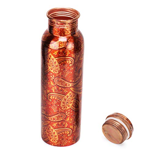Zap Impex Kupfer-Wasserflasche für ayurvedische Vorteile Rajasthani Print Design Travellers Water Pitcher Bottle Joint Free 900ml von Zap Impex
