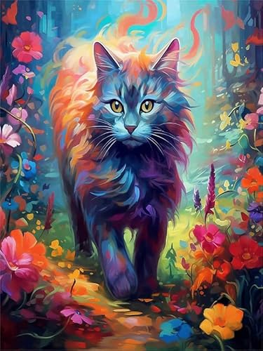 Zariocy 5D Diamond Painting Kits Bunte Katze, DIY Malen mit Diamantkunst Tierblume Round Full Drill Crystal Diamond Stickerei Gemälde Kunsthandwerk für Home Office Wall Decor 30x40 cm-1 von Zariocy