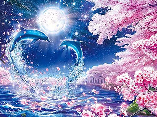 Zariocy 5D Diamond Painting Zubehör Kirschblüte Mondschein Delfin, DIY Diamant Painting Malerei Tiere Blumen Stickerei Malerei Crystal Strass Stickerei Haus, Wand Und Eingang Dekorationen 30×40cm von Zariocy