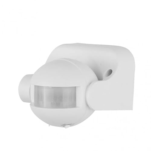 Bewegungsmelder IP44, weiß, kompakt und effizient. Mit Abmessungen von 8 x 8,5 x 11 cm bietet er eine 360-Grad-Abdeckung und eine Reichweite von bis zu 12 Metern, ideal für Sicherheit und Komfort. von Zarivy