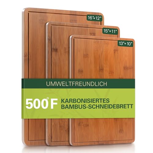 Zarler Schneidebretter aus Bambus 3er set(40x30cm / 38x27cm / 33x25cm) frühstücksbrettchen-Set mit Saftrille und Griff, Küchenschneidebrett, perfekt zum Zubereiten von Mahlzeiten und Frühstück von Zarler