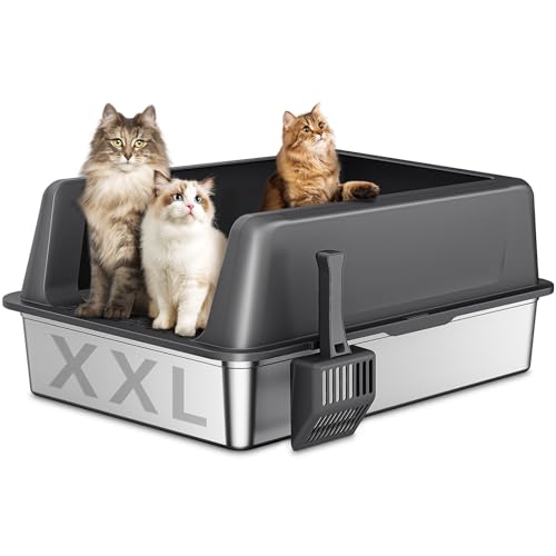 Zarler XXL Katzentoilette aus Edelstahl, extra große Katzentoilette aus Metall mit Deckel, hochseitiges Antihaft-Design, auslaufsicher und rostbeständig, 71,1 x 50,8 x 33 cm, Grau von Zarler