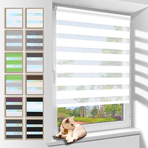 Zarnan Doppelrollo Klemmfix ohne Bohren Weiß 110x130cm(Stoffbreite 106cm) Duo Rollo Blickdicht Zebrarollo Rollos für Fenster ohne Bohren für Wohnzimmer Küche Büro lichtdurchlässig und verdunkelnd von Zarnan