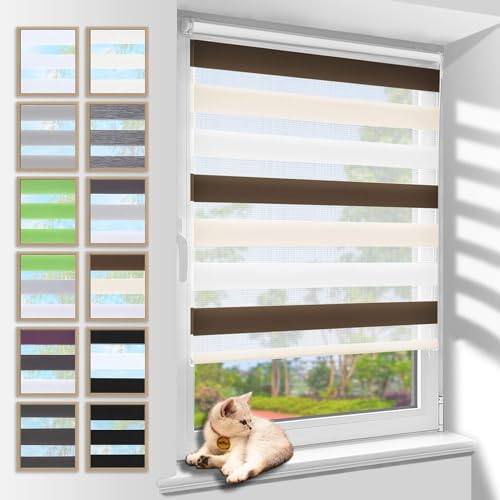 Doppelrollo 110x150 cm Weiß-Beige-Braun Klemmfix,Rollos für Fenster Tür ohne Bohren,Sichtschutz Fensterrollo innen,Klemmrollo Duo Rollo in Blickdicht Sonnenschutz von Zarnan