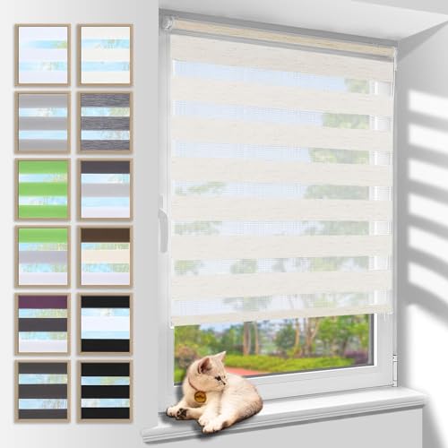 Zarnan Doppelrollo Klemmfix ohne Bohren Leinen 110x110cm(Stoffbreite 106cm) Duo Rollo Blickdicht Zebrarollo Rollos für Fenster ohne Bohren für Wohnzimmer Küche Büro lichtdurchlässig und verdunkelnd von Zarnan