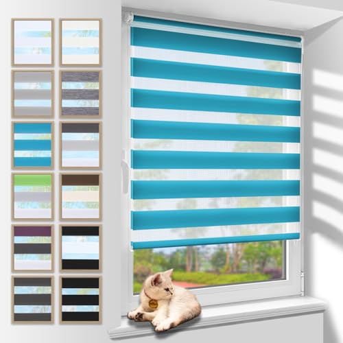 Zarnan Doppelrollo Klemmfix 50x140cm(BxH) Türkis Sichtschutz,Rollos für Fenster Tür ohne Bohren Blickdicht und Sonnenschutz,Duo Rollo Fensterrollo innen Wandmontage auch möglich von Zarnan