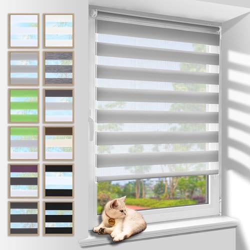Zarnan Doppelrollo Klemmfix ohne Bohren Grau 55x110cm(Stoffbreite 51cm) Duo Rollo Blickdicht Zebrarollo Rollos für Fenster ohne Bohren für Wohnzimmer Küche Büro lichtdurchlässig und verdunkelnd von Zarnan