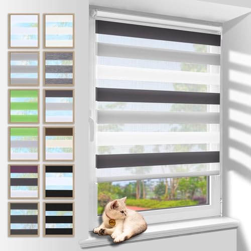 Zarnan Doppelrollo Klemmfix ohne Bohren Weiß-grau-anthrazit 65x120cm(Stoffbreite 61cm) Duo Rollo Blickdicht Zebrarollo Rollos für Fenster ohne Bohren für Wohnzimmer Küche Büro lichtdurchlässig von Zarnan