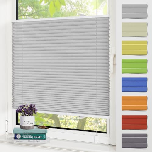 Zarnan Plissee Klemmfix Plissee ohne Bohren Sonnenschutz Fenster innen,65x150cm (BxH) Hellgrau,Rollos für Fenster UV-Schutz Pliseehalter ohne Bohren,Faltrollo Klemmrollo Fensterrollo mit Klemmträger von Zarnan