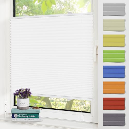 Zarnan Plissee Klemmfix Plissee ohne Bohren Sonnenschutz Fenster innen,50x130cm (BxH) Weiß,Rollos für Fenster UV-Schutz Pliseehalter ohne Bohren,Faltrollo Klemmrollo Fensterrollo mit Klemmträger von Zarnan