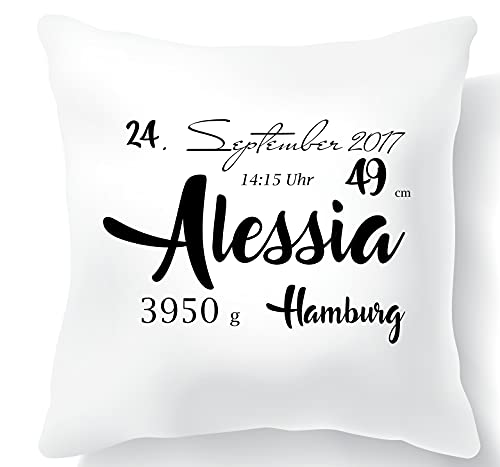Babygeschenk mit Geburtsdaten personalisiert - Kissen mit Namen als Geschenk zur Geburt oder Taufe - Namenskissen für Baby's Jungen & Mädchen (Alessia) von Zarto