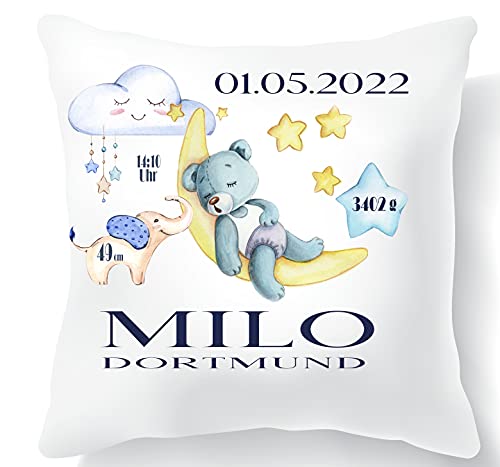 Zarto® Personalisiertes Geschenk Baby Junge - individualisierter Namenskissen-Bezug zur Geburt mit Geburtsdaten - Baby Kissen-Bezug mit Namen von Zarto