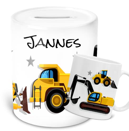 Spardose Jungen - Personalisiertes kleines Geschenk Kinder - Kindertasse & Spardose personalisierbar mit Namen mit Bagger - NEU von Zarto